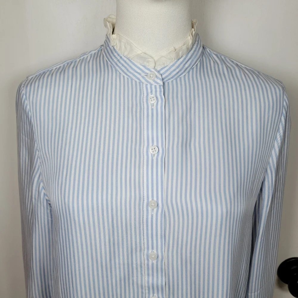 J. Crew Blue & White Striped Cupro Blend Button-Up Shirt Ruffle Trim Size Small